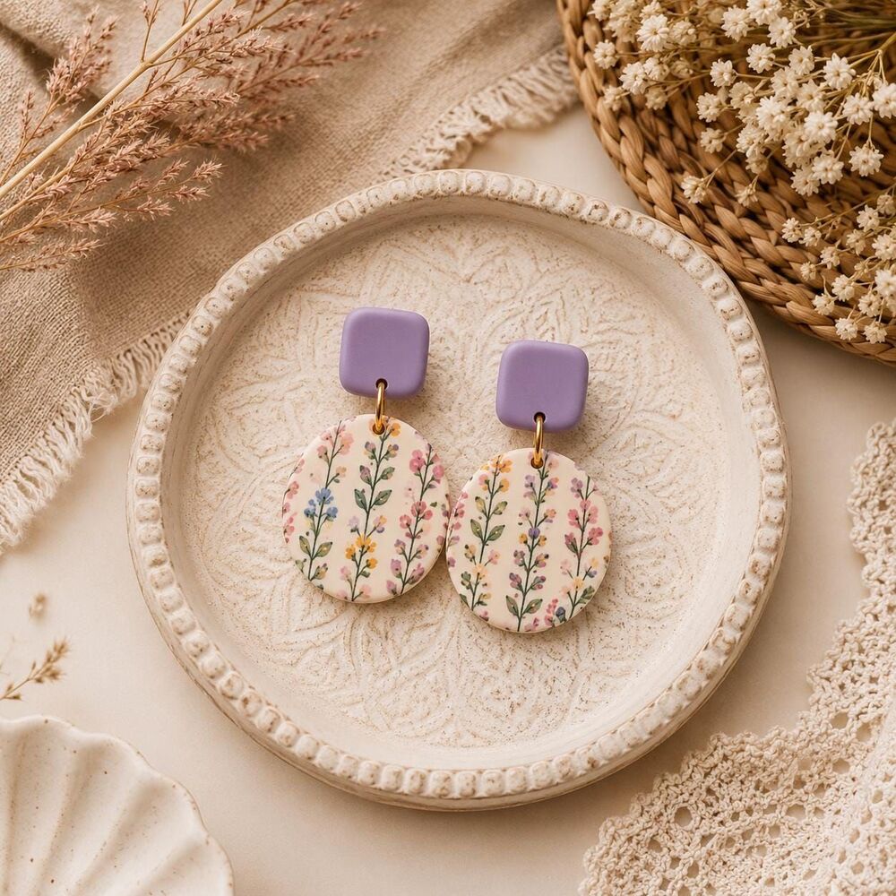 Purple Lavender Clay Earrings, Floral Cottagecore Dangle Gift for Women